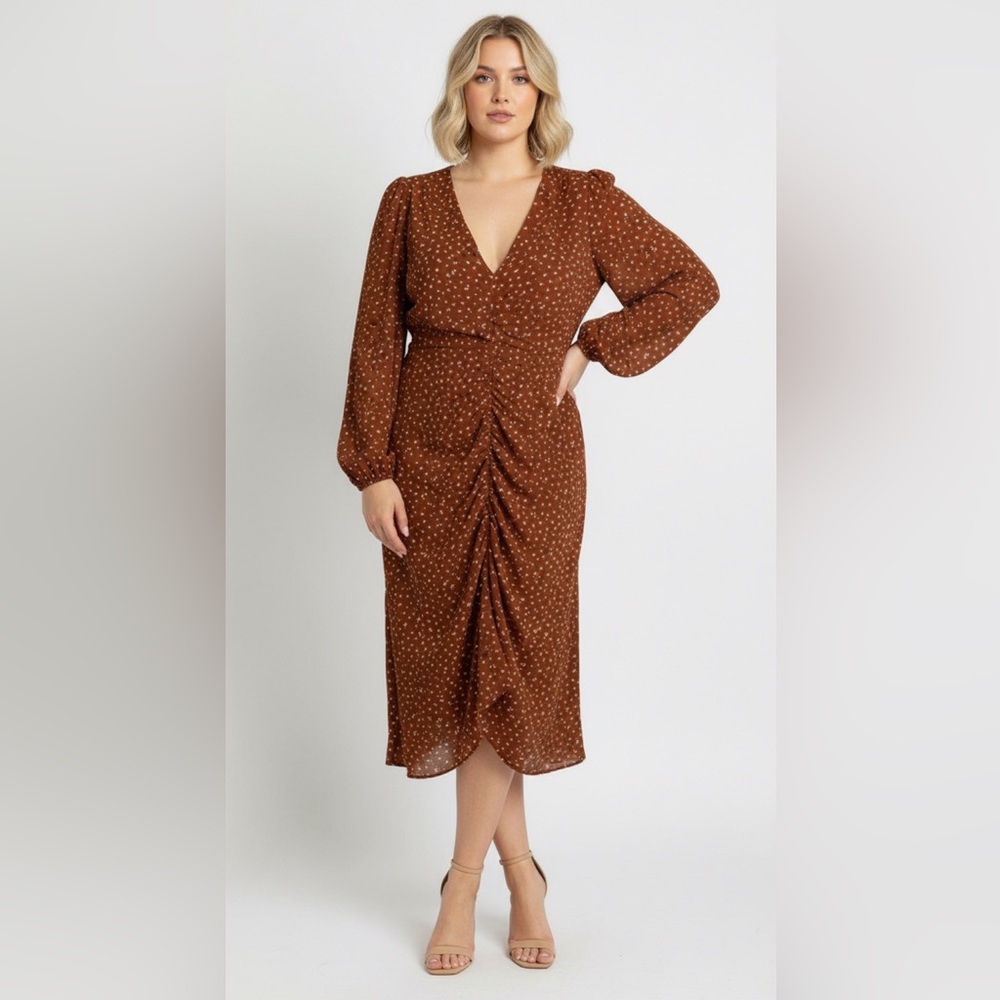 ASTR The Label Dress Women’s Medium Ginger Brown Midi Floral Holiday Fall Dress